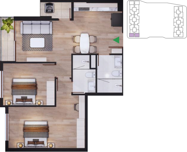 2-bedroom Corner apartment floor plan North Tower 04 and 05
