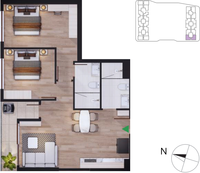 2-bedroom Corner apartment floor plan South Tower 03 and 04