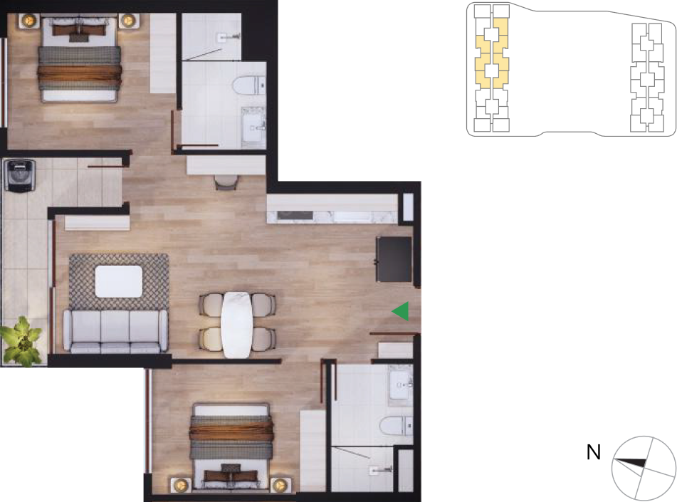 2-bedroom Harmonie apartment floor plan North and South Tower