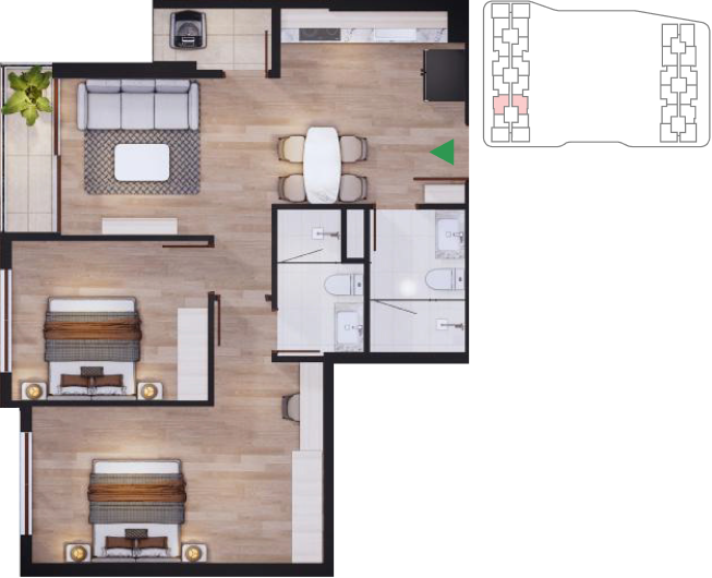 2-bedroom Libre apartment floor plan North and South Tower