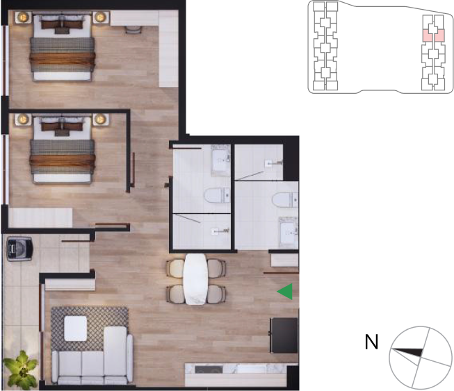 2-bedroom Libre apartment floor plan South Tower 08 and 11