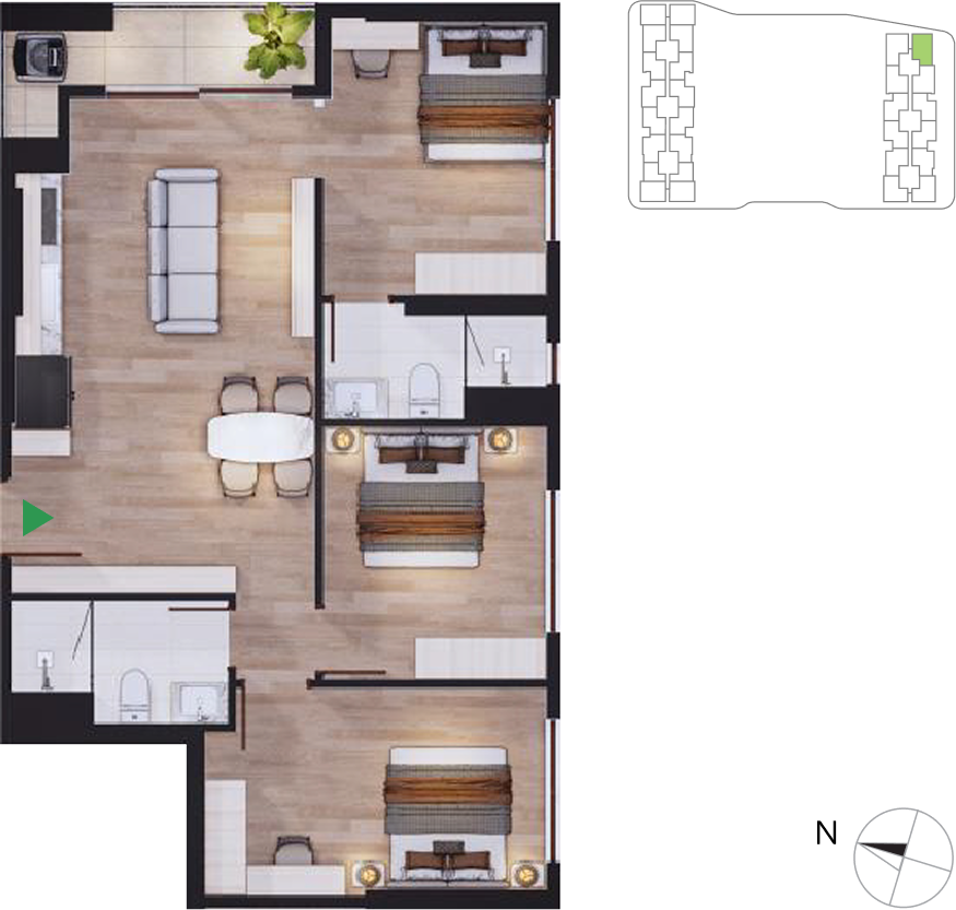 3-bedroom apartment floor plan South Tower 10